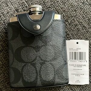NWT Coach Flask in Signature Coated Slate Canvas & Black Refined Calf Leather